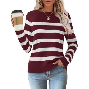 ZESICA Women’s Long Sleeve Lightweight Striped Tops 2026 Fall Crewneck Ribbed Knit Shirts(Wine)