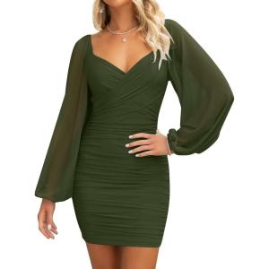 ZESICA Women’s Sexy V Neck Ruched Bodycon Mini Dress Puff Long Sleeve Cocktail Wedding Party Short Dresses(Armygreen)