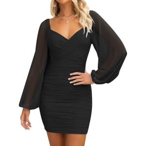 ZESICA Women’s Sexy V Neck Ruched Bodycon Mini Dress Puff Long Sleeve Cocktail Wedding Party Short Dresses(Black)