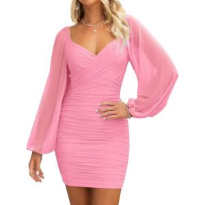 ZESICA Women’s Sexy V Neck Ruched Bodycon Mini Dress Puff Long Sleeve Cocktail Wedding Party Short Dresses(Pink)