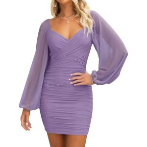 ZESICA Women’s Sexy V Neck Ruched Bodycon Mini Dress Puff Long Sleeve Cocktail Wedding Party Short Dresses(Purple)