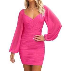 ZESICA Women’s Sexy V Neck Ruched Bodycon Mini Dress Puff Long Sleeve Cocktail Wedding Party Short Dresses(Rose)