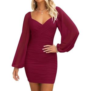 ZESICA Women’s Sexy V Neck Ruched Bodycon Mini Dress Puff Long Sleeve Cocktail Wedding Party Short Dresses(Wine)