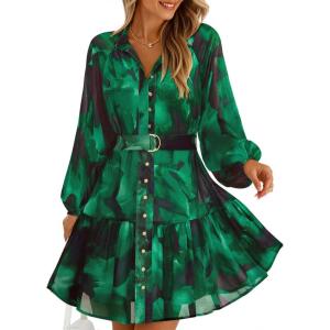 ZESICA Womens Spring Summer Floral Mini Dress Long Sleeve Button Chiffon A Line Swing Short Wedding Guest Party Dresses(Dark Green)
