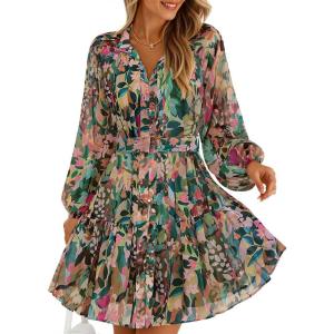 ZESICA Womens Spring Summer Floral Mini Dress Long Sleeve Button Chiffon A Line Swing Short Wedding Guest Party Dresses(Green)