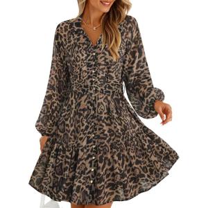 ZESICA Womens Spring Summer Floral Mini Dress Long Sleeve Button Chiffon A Line Swing Short Wedding Guest Party Dresses(Leopard)