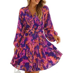 ZESICA Womens Spring Summer Floral Mini Dress Long Sleeve Button Chiffon A Line Swing Short Wedding Guest Party Dresses(Purple)
