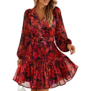 ZESICA Womens Spring Summer Floral Mini Dress Long Sleeve Button Chiffon A Line Swing Short Wedding Guest Party Dresses(Red)