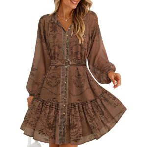 ZESICA Womens Spring Summer Floral Mini Dress Long Sleeve Button Chiffon A Line Swing Short Wedding Guest Party Dresses(Redbrown)