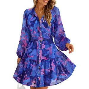 ZESICA Womens Spring Summer Floral Mini Dress Long Sleeve Button Chiffon A Line Swing Short Wedding Guest Party Dresses(Royal Blue)