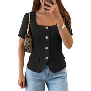 ZESICA Women’s Trendy Vests Top 2026 Spring Summer Square Neck Short Sleeve Blazer Button Down Crop Casual Work Blouse(Black)
