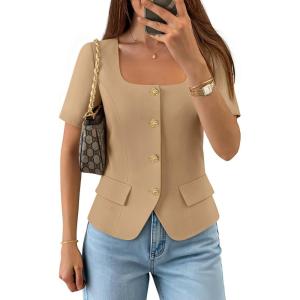 ZESICA Women’s Trendy Vests Top 2026 Spring Summer Square Neck Short Sleeve Blazer Button Down Crop Casual Work Blouse(Khaki)