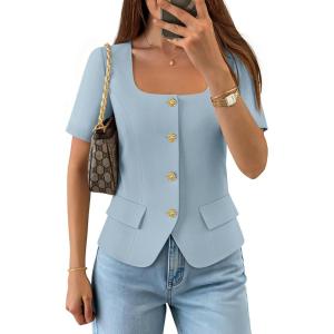 ZESICA Women’s Trendy Vests Top 2026 Spring Summer Square Neck Short Sleeve Blazer Button Down Crop Casual Work Blouse(Light Blue)