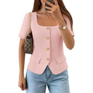 ZESICA Women’s Trendy Vests Top 2026 Spring Summer Square Neck Short Sleeve Blazer Button Down Crop Casual Work Blouse(Light Pink)