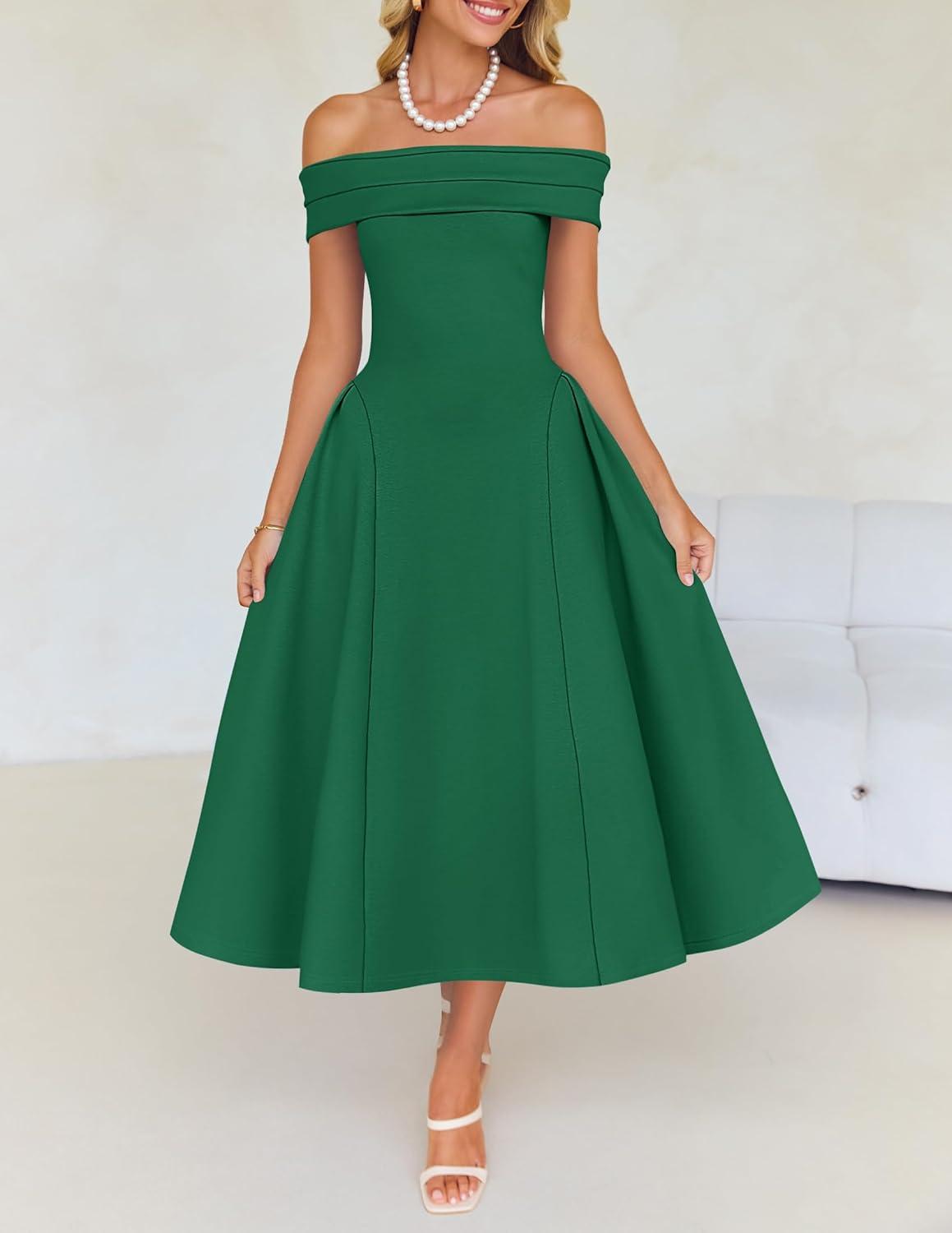 imageZESICA Cocktail Dresses for Womens Elegant Off Shoulder Short Sleeve Swing A Line Wedding Evening Party Midi DressGreen