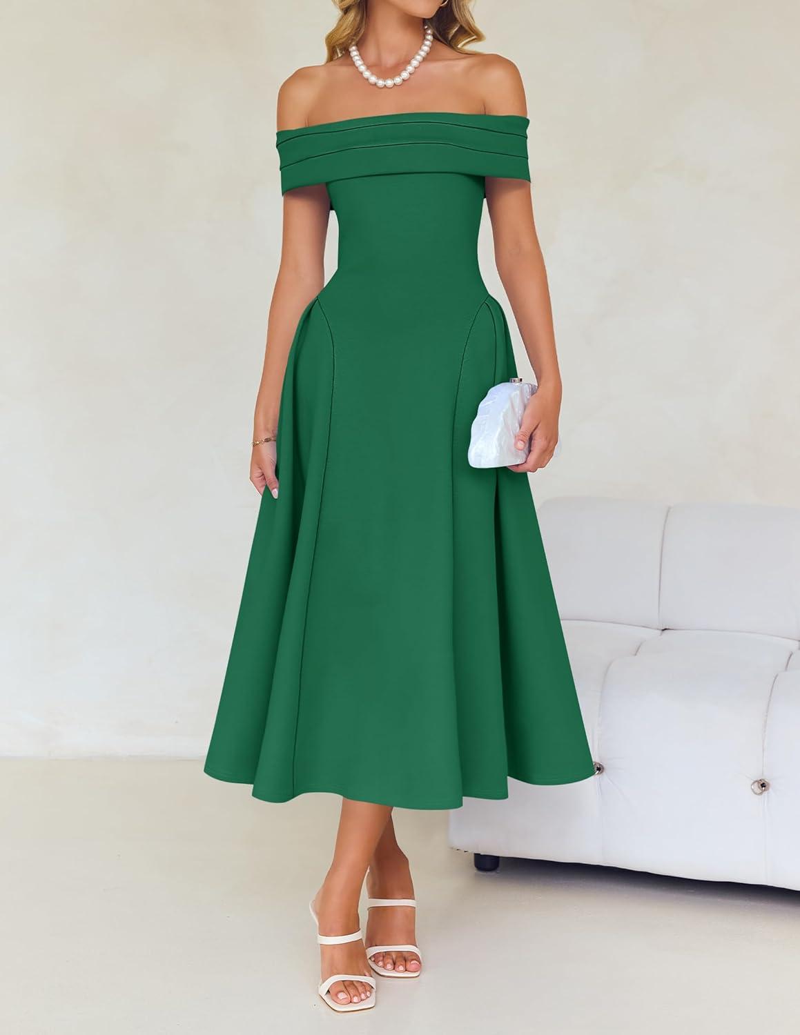 imageZESICA Cocktail Dresses for Womens Elegant Off Shoulder Short Sleeve Swing A Line Wedding Evening Party Midi DressGreen
