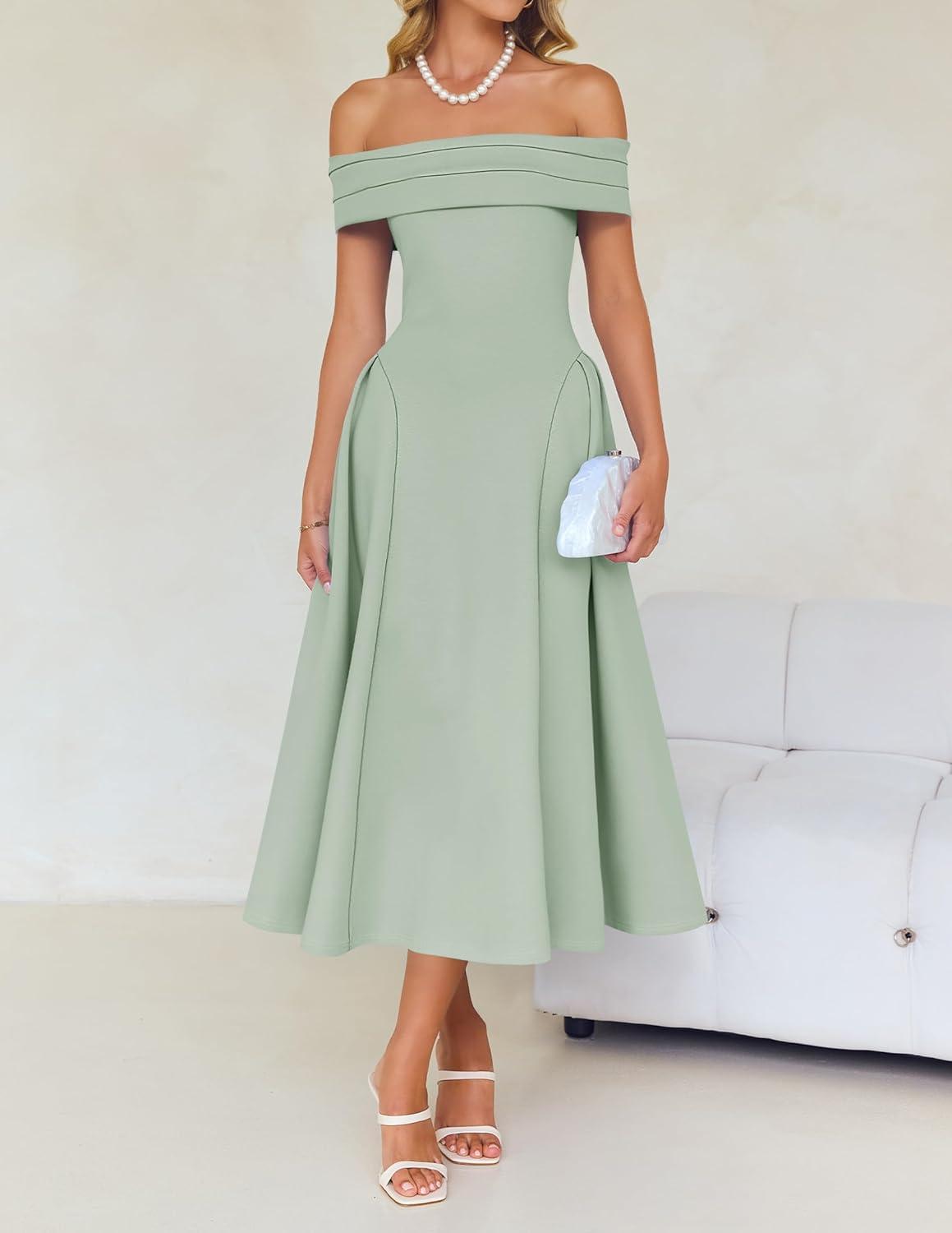 imageZESICA Cocktail Dresses for Womens Elegant Off Shoulder Short Sleeve Swing A Line Wedding Evening Party Midi DressLight Green