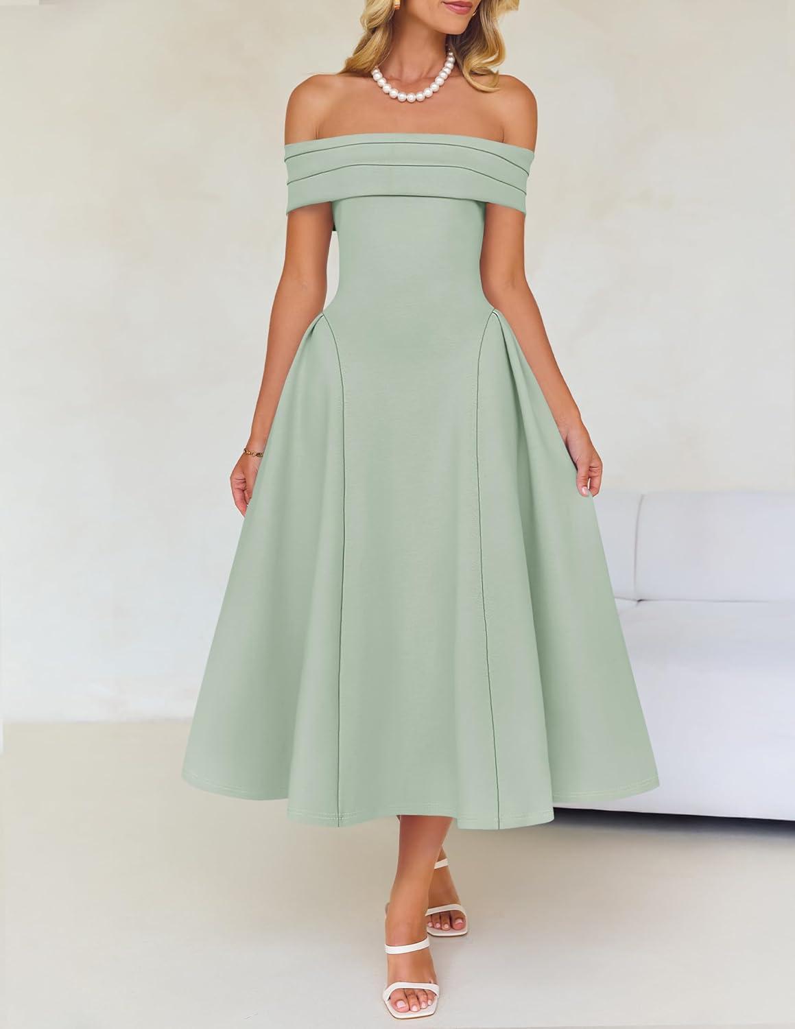 imageZESICA Cocktail Dresses for Womens Elegant Off Shoulder Short Sleeve Swing A Line Wedding Evening Party Midi DressLight Green
