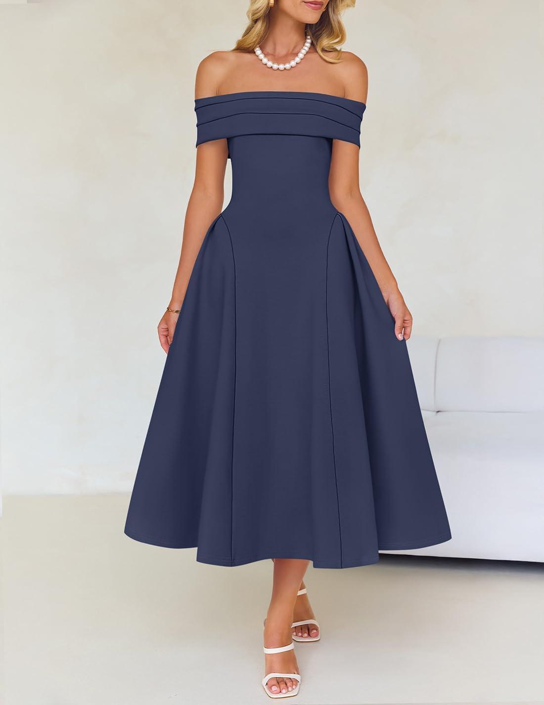 imageZESICA Cocktail Dresses for Womens Elegant Off Shoulder Short Sleeve Swing A Line Wedding Evening Party Midi DressNavy