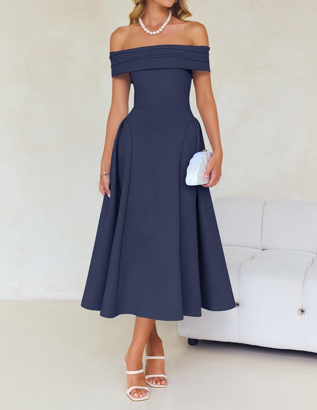 imageZESICA Cocktail Dresses for Womens Elegant Off Shoulder Short Sleeve Swing A Line Wedding Evening Party Midi DressNavy