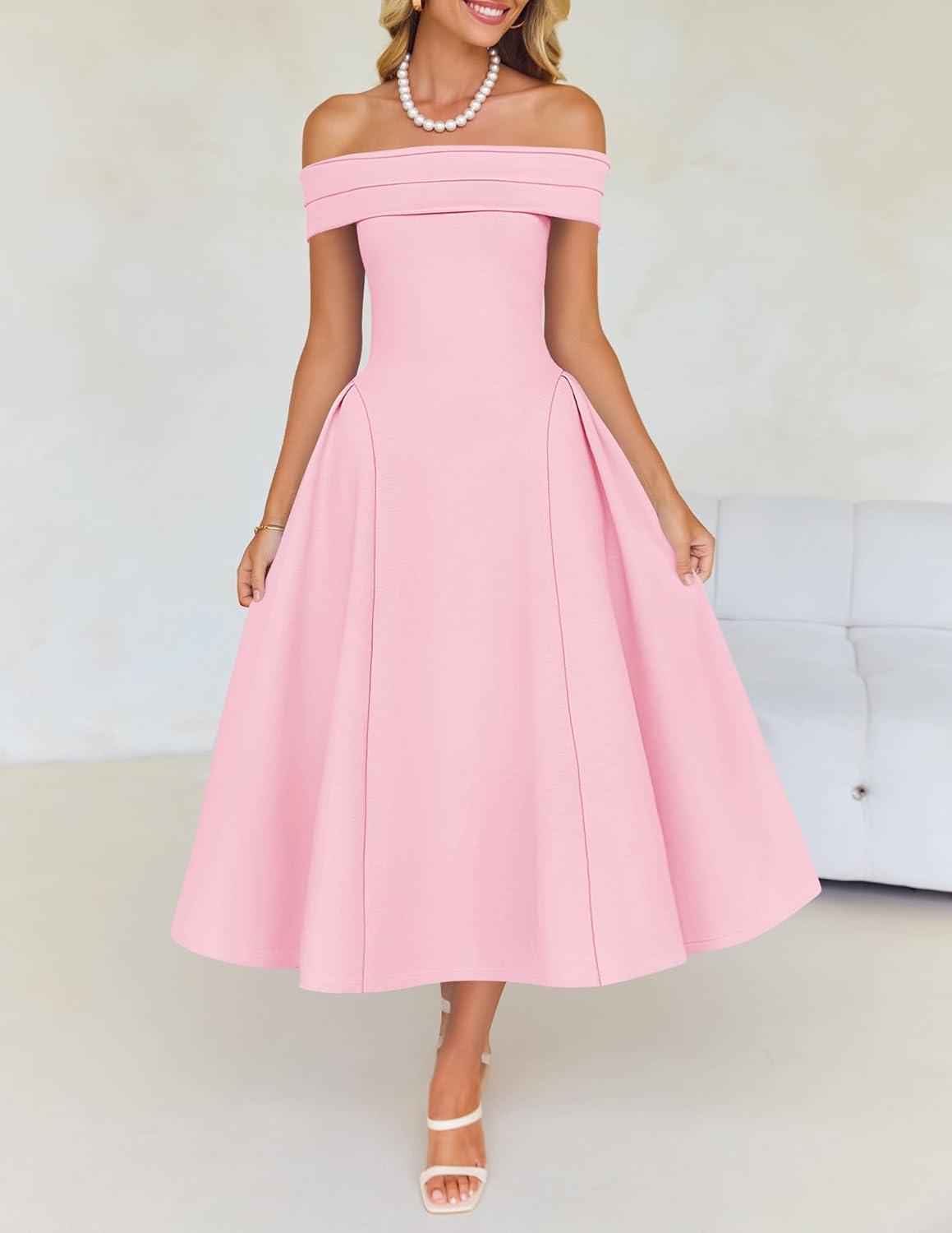 imageZESICA Cocktail Dresses for Womens Elegant Off Shoulder Short Sleeve Swing A Line Wedding Evening Party Midi DressPink