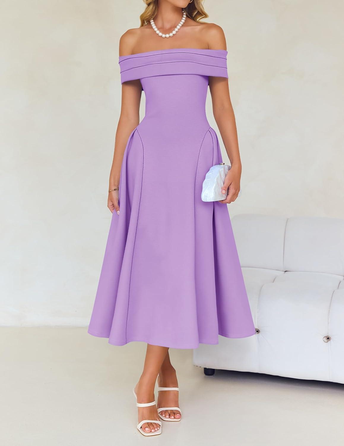 imageZESICA Cocktail Dresses for Womens Elegant Off Shoulder Short Sleeve Swing A Line Wedding Evening Party Midi DressPurple
