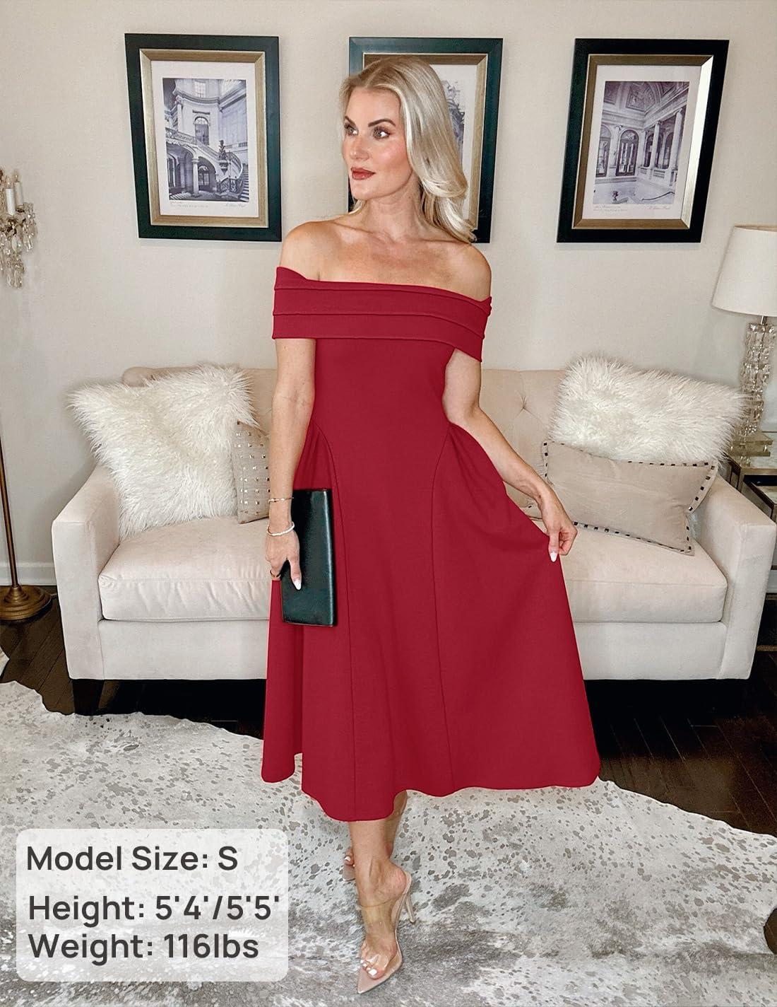 imageZESICA Cocktail Dresses for Womens Elegant Off Shoulder Short Sleeve Swing A Line Wedding Evening Party Midi DressRed