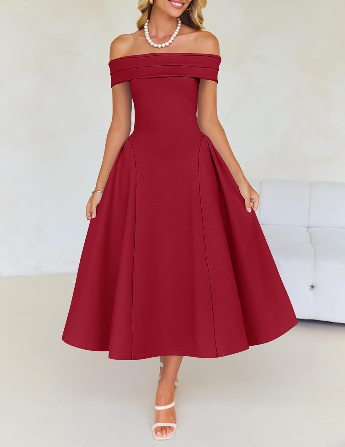 imageZESICA Cocktail Dresses for Womens Elegant Off Shoulder Short Sleeve Swing A Line Wedding Evening Party Midi DressRed