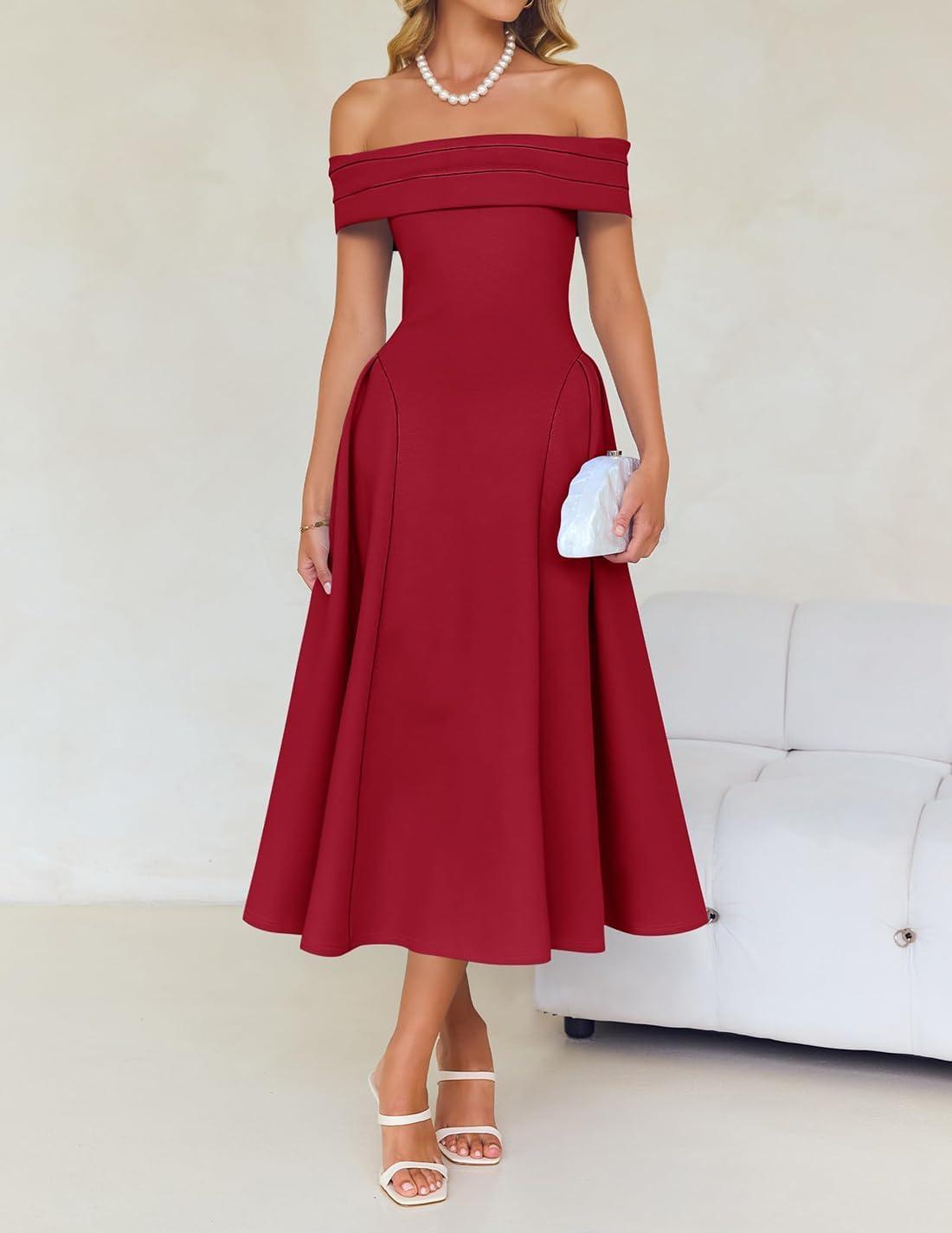 imageZESICA Cocktail Dresses for Womens Elegant Off Shoulder Short Sleeve Swing A Line Wedding Evening Party Midi DressRed