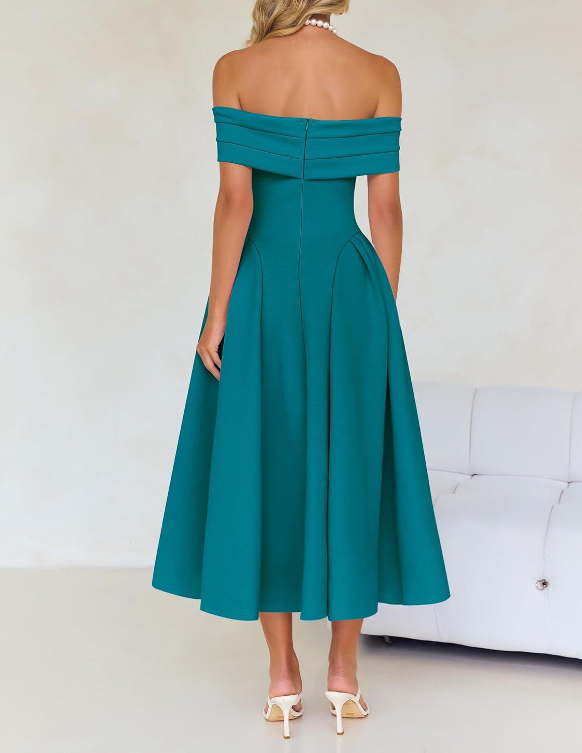 imageZESICA Cocktail Dresses for Womens Elegant Off Shoulder Short Sleeve Swing A Line Wedding Evening Party Midi DressTeal