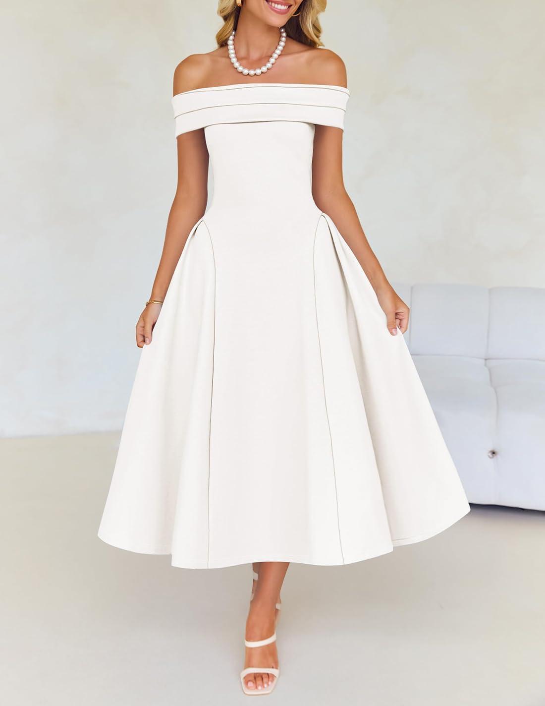 imageZESICA Cocktail Dresses for Womens Elegant Off Shoulder Short Sleeve Swing A Line Wedding Evening Party Midi DressWhite