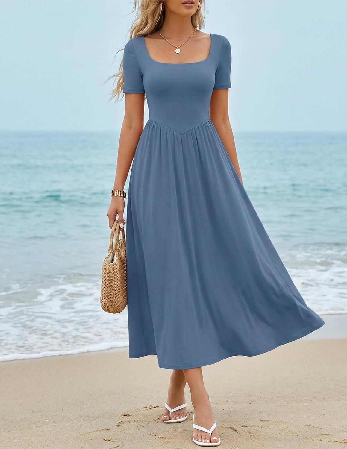 imageZESICA Summer Dresses for Women 2026 Elegant Classy Square Neck Short Sleeve Flowy Cocktail Party Midi DressDusty Blue