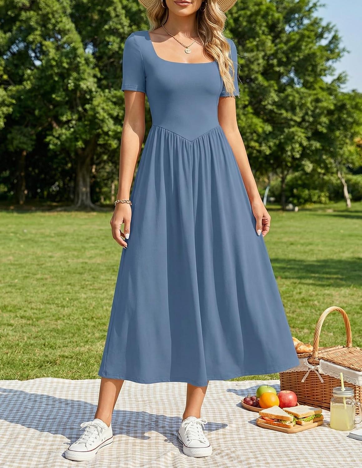 imageZESICA Summer Dresses for Women 2026 Elegant Classy Square Neck Short Sleeve Flowy Cocktail Party Midi DressDusty Blue