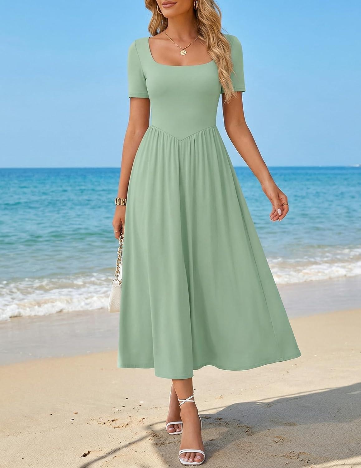 imageZESICA Summer Dresses for Women 2026 Elegant Classy Square Neck Short Sleeve Flowy Cocktail Party Midi DressLight Green