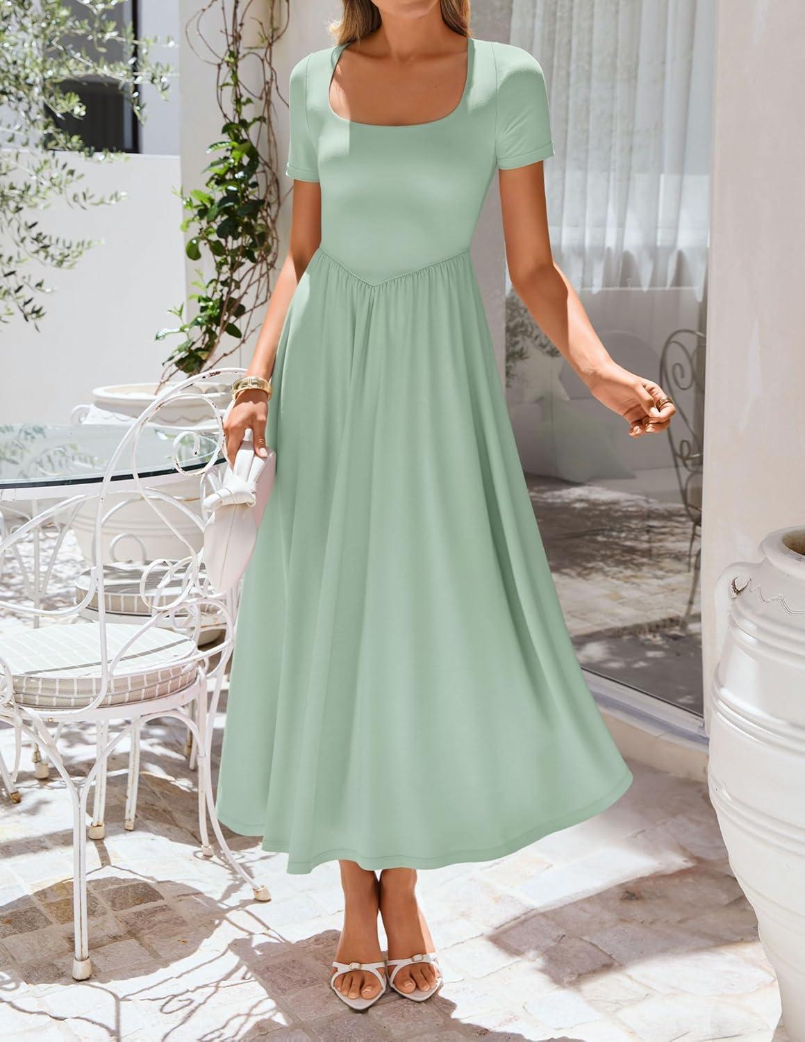 imageZESICA Summer Dresses for Women 2026 Elegant Classy Square Neck Short Sleeve Flowy Cocktail Party Midi DressLight Green