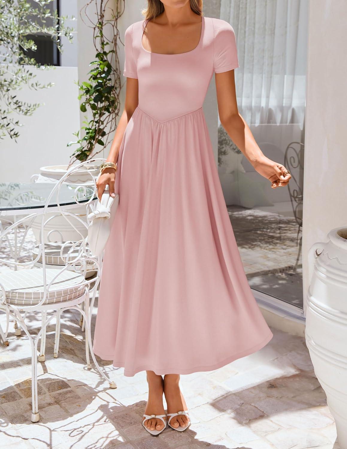 imageZESICA Summer Dresses for Women 2026 Elegant Classy Square Neck Short Sleeve Flowy Cocktail Party Midi DressPink