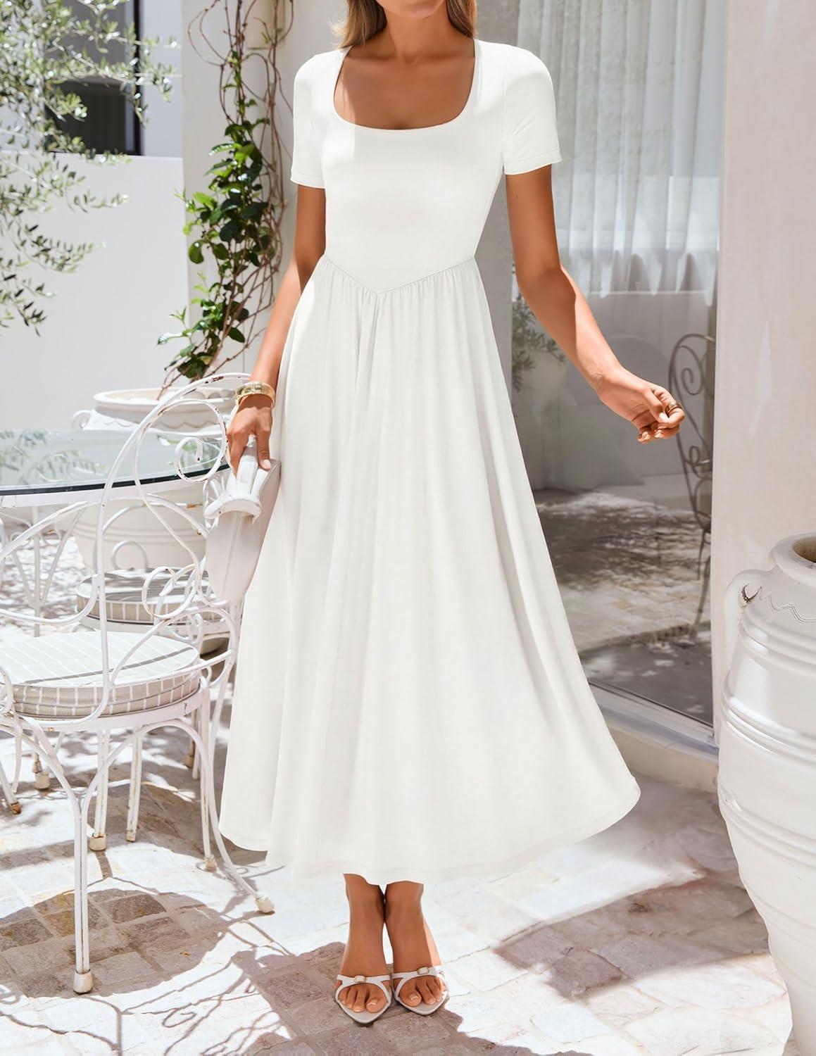 imageZESICA Summer Dresses for Women 2026 Elegant Classy Square Neck Short Sleeve Flowy Cocktail Party Midi DressWhite