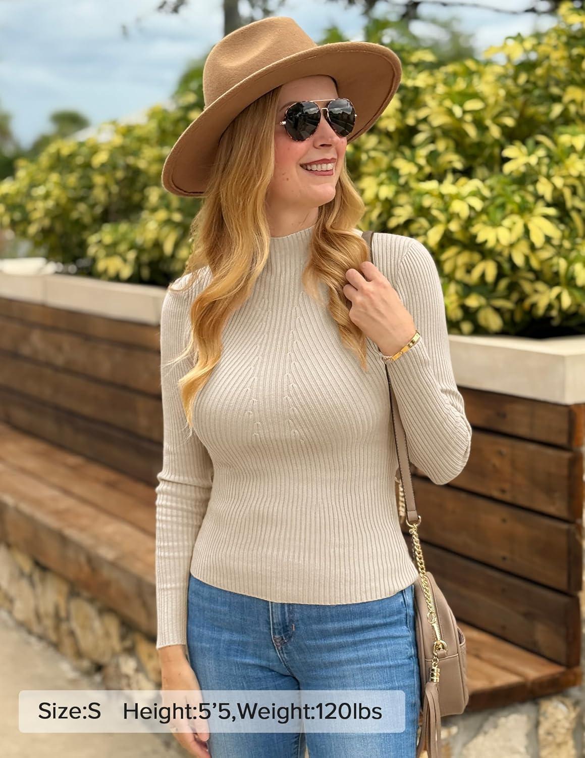 imageZESICA Womens 2025 Fall Long Sleeve Turtleneck T Shirt Ribbed Knit Sweater Slim Fit Basic Casual Tee TopsAlmond