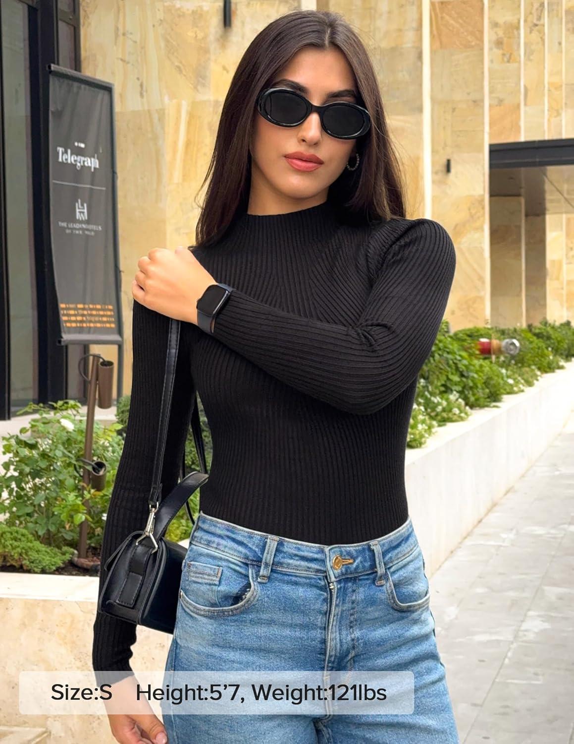 imageZESICA Womens 2025 Fall Long Sleeve Turtleneck T Shirt Ribbed Knit Sweater Slim Fit Basic Casual Tee TopsBlack