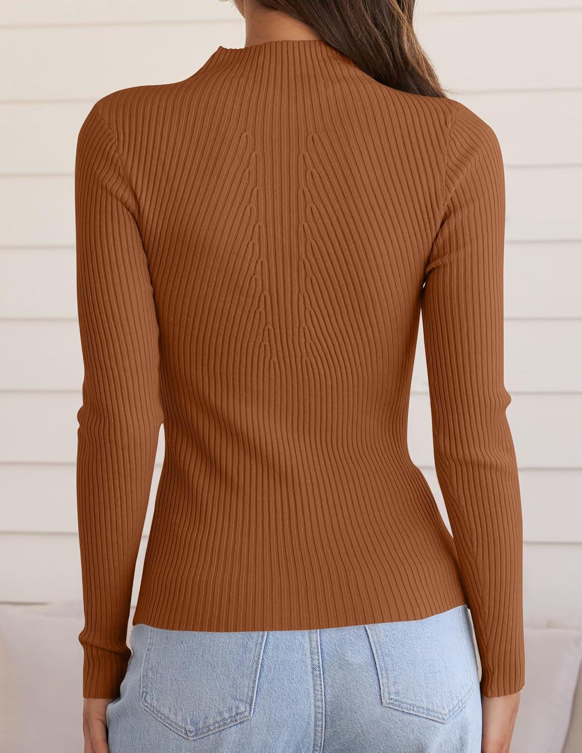 imageZESICA Womens 2025 Fall Long Sleeve Turtleneck T Shirt Ribbed Knit Sweater Slim Fit Basic Casual Tee TopsCaramel