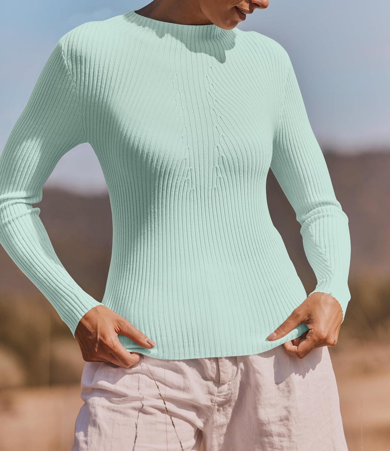 imageZESICA Womens 2025 Fall Long Sleeve Turtleneck T Shirt Ribbed Knit Sweater Slim Fit Basic Casual Tee TopsMint