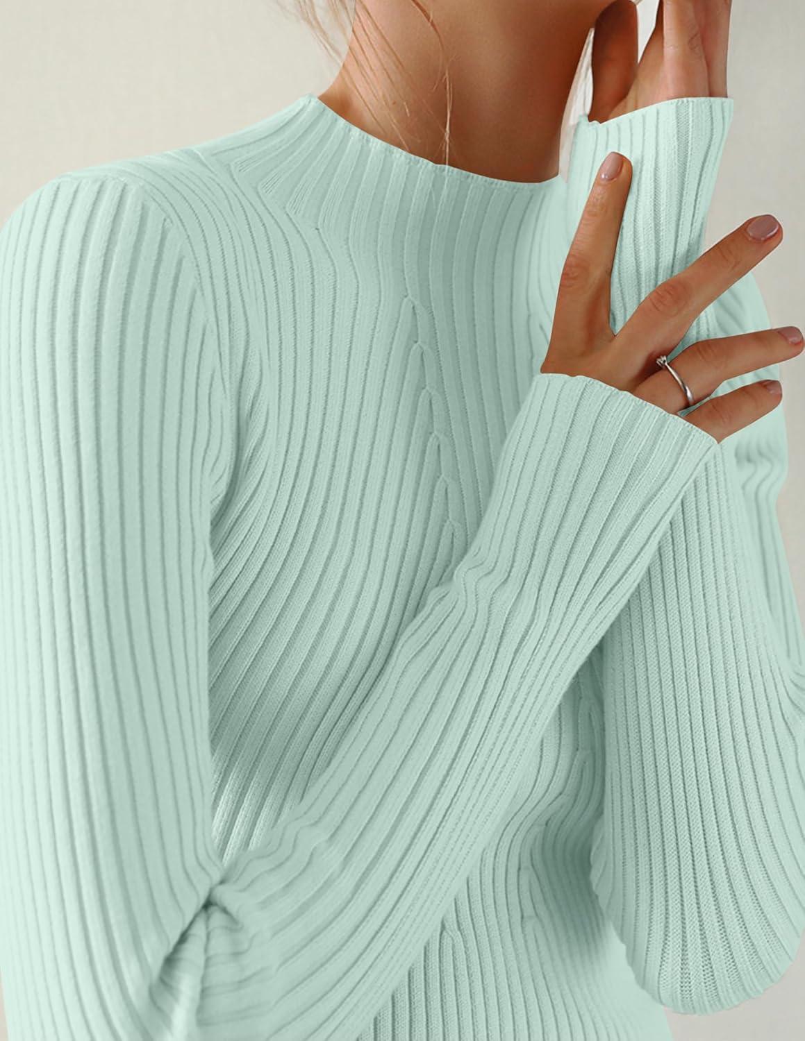 imageZESICA Womens 2025 Fall Long Sleeve Turtleneck T Shirt Ribbed Knit Sweater Slim Fit Basic Casual Tee TopsMint