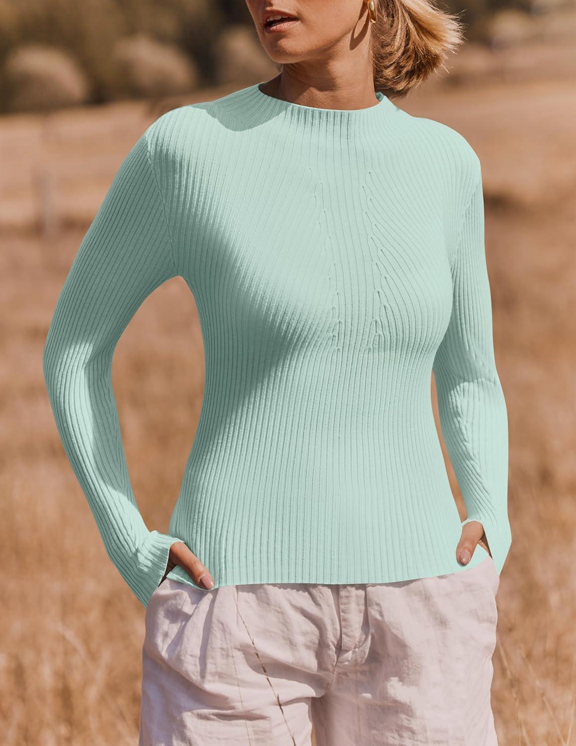 imageZESICA Womens 2025 Fall Long Sleeve Turtleneck T Shirt Ribbed Knit Sweater Slim Fit Basic Casual Tee TopsMint