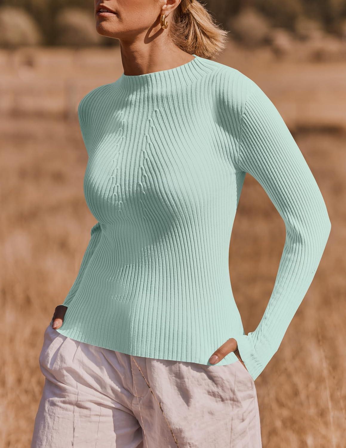 imageZESICA Womens 2025 Fall Long Sleeve Turtleneck T Shirt Ribbed Knit Sweater Slim Fit Basic Casual Tee TopsMint