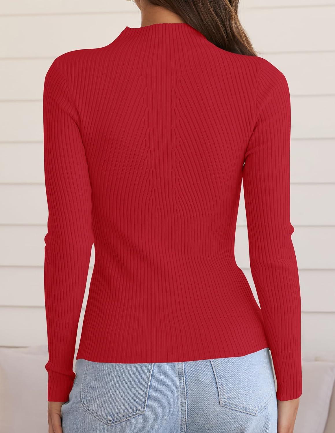 imageZESICA Womens 2025 Fall Long Sleeve Turtleneck T Shirt Ribbed Knit Sweater Slim Fit Basic Casual Tee TopsRed