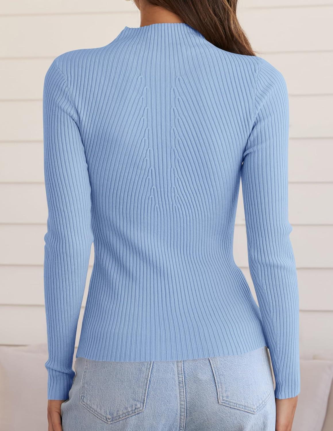imageZESICA Womens 2025 Fall Long Sleeve Turtleneck T Shirt Ribbed Knit Sweater Slim Fit Basic Casual Tee TopsSky