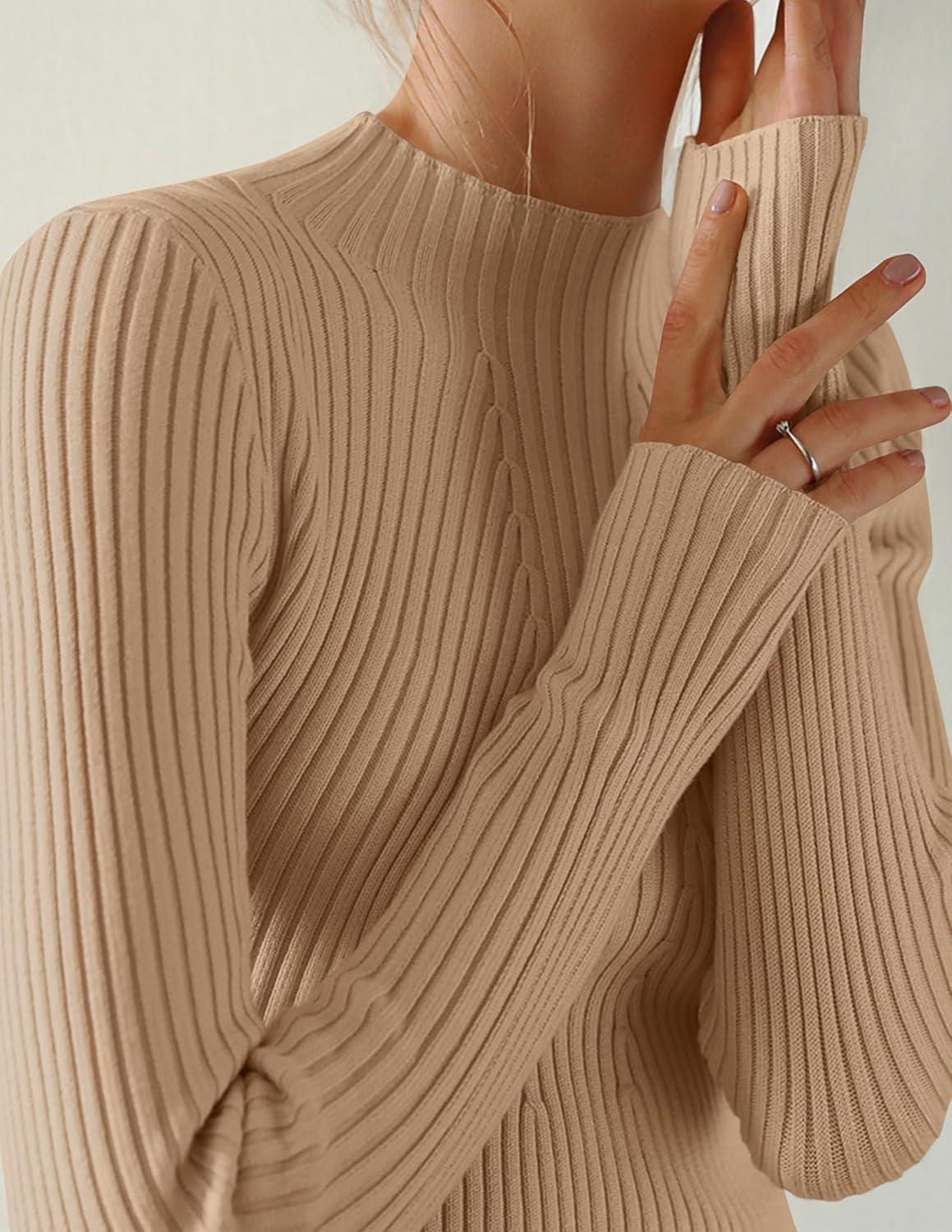 imageZESICA Womens 2025 Fall Long Sleeve Turtleneck T Shirt Ribbed Knit Sweater Slim Fit Basic Casual Tee TopsToffee