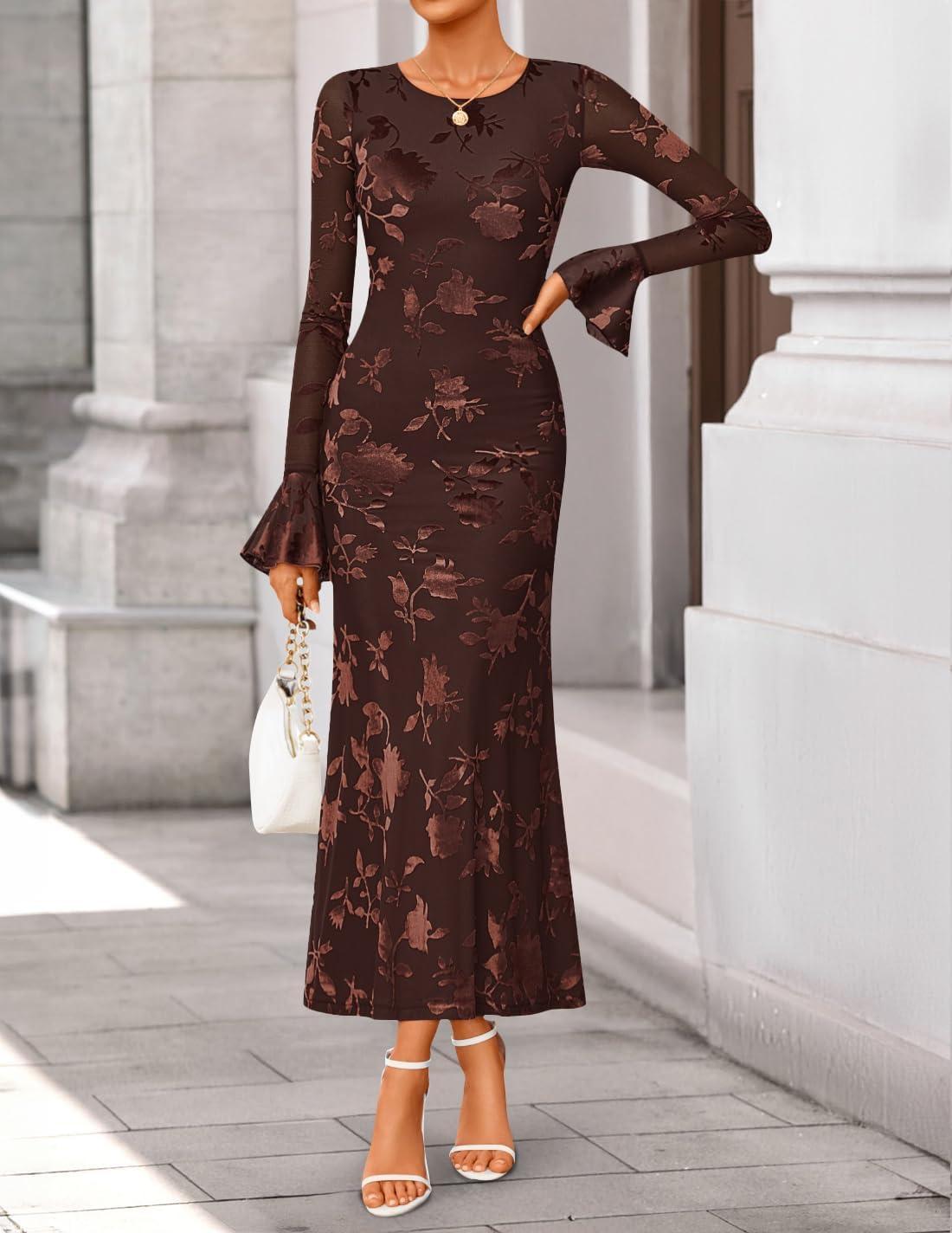 imageZESICA Womens 2026 Bell Long Sleeve Floral Maxi Dress Spring Fashion Bodycon Mesh Wedding Guest Cocktail Party DressesCoffee