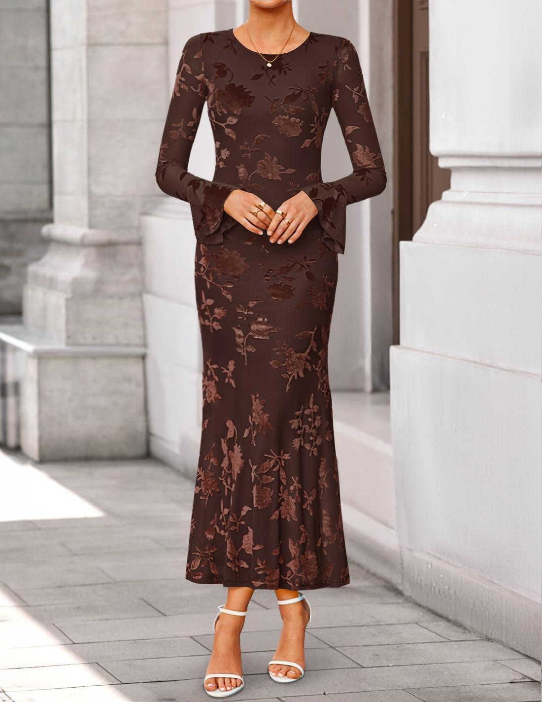 imageZESICA Womens 2026 Bell Long Sleeve Floral Maxi Dress Spring Fashion Bodycon Mesh Wedding Guest Cocktail Party DressesCoffee