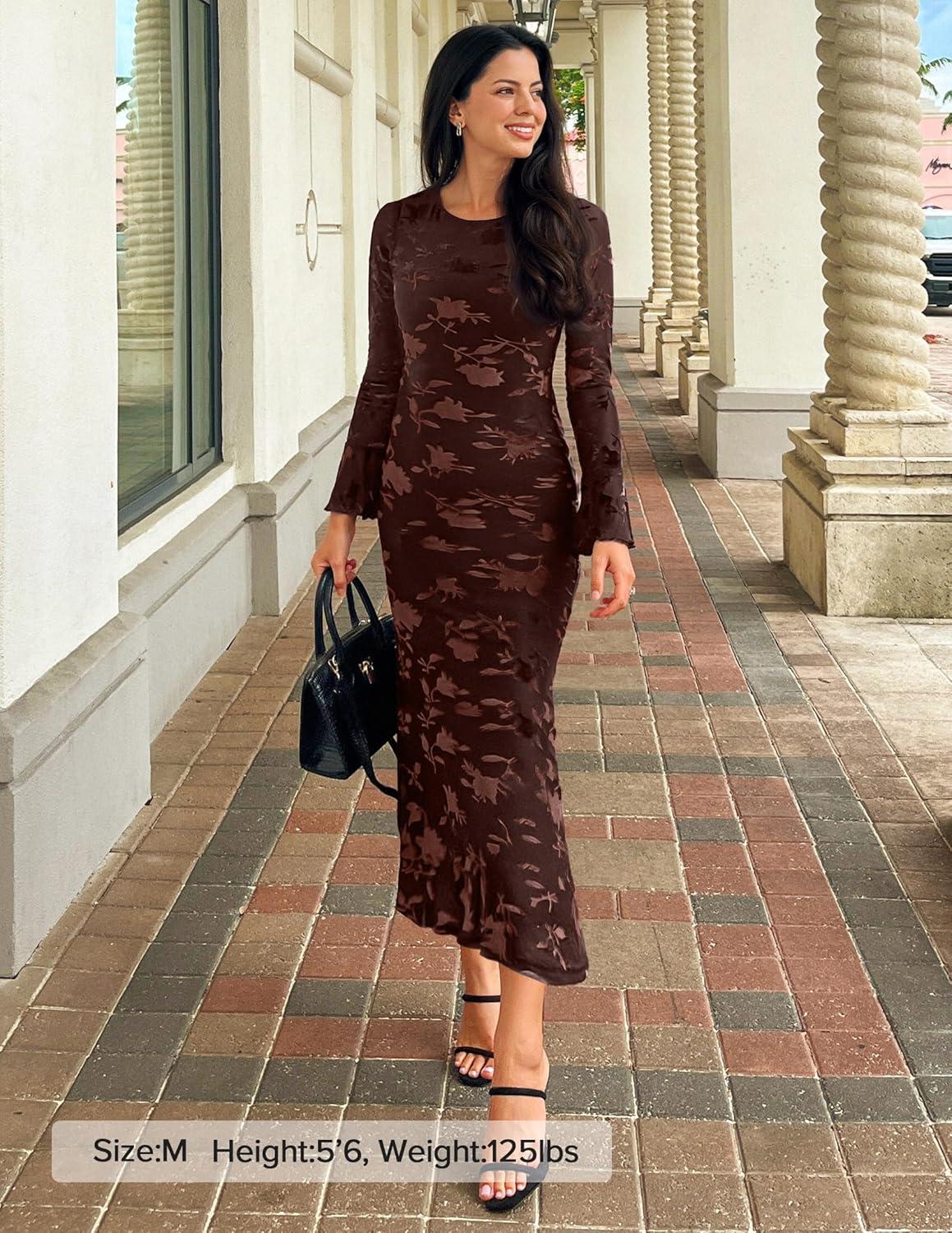 imageZESICA Womens 2026 Bell Long Sleeve Floral Maxi Dress Spring Fashion Bodycon Mesh Wedding Guest Cocktail Party DressesCoffee